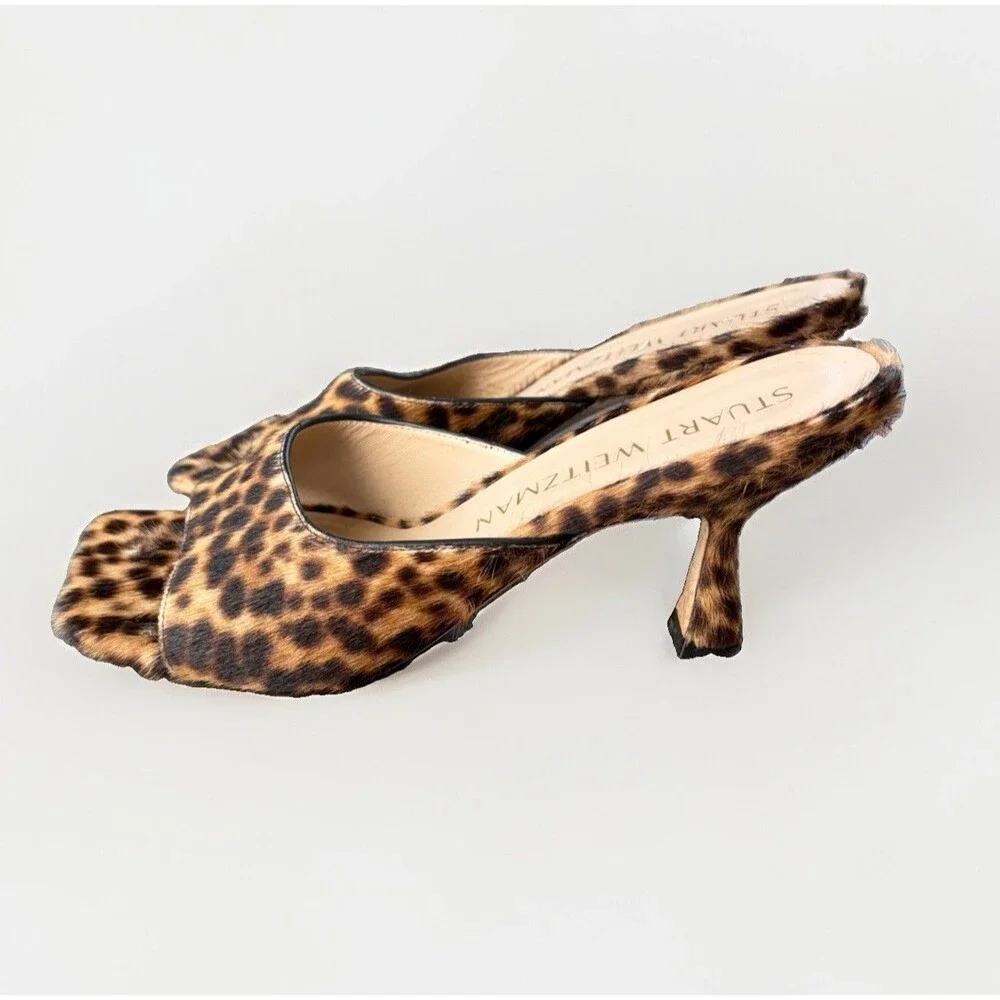 Stuart Weitzman Tia 75 Leopard Calf Hair Slide Mule Sandal Kitten Heel Shoes 9
